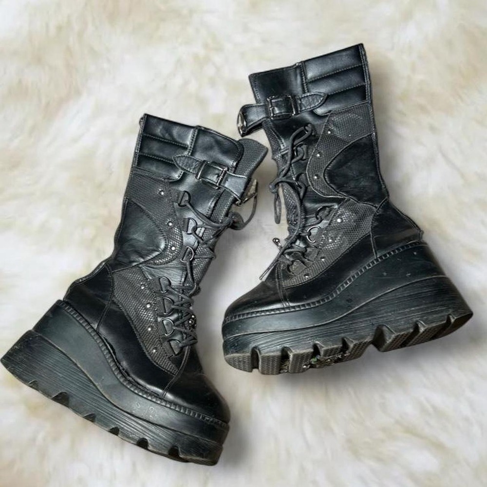 Y2K Black Platform Combat Septum Boots Lace Up Buckle Strap Chunky Sole Size 7